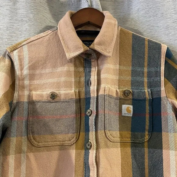 Carhartt Loose Fit Heavyweight Twill Plaid Flannel Shirt Women's Size XS Tan - Picture 3 of 5